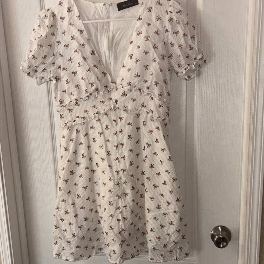 Anna Grace Pink and White Puff Sleeve Mini Dress